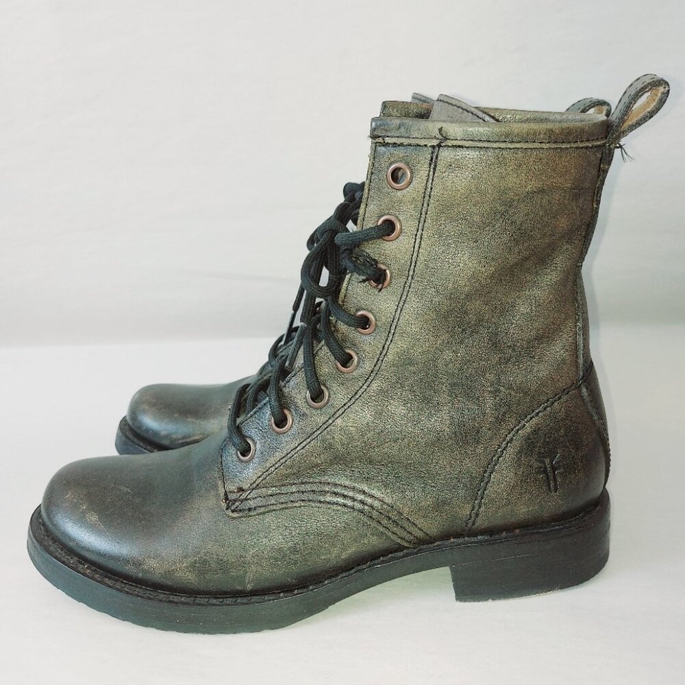 Frye Gypsy Laceup Veronica Combat Boots 6 B Green Burnished Leather Mid-Calf - Picture 3 of 12